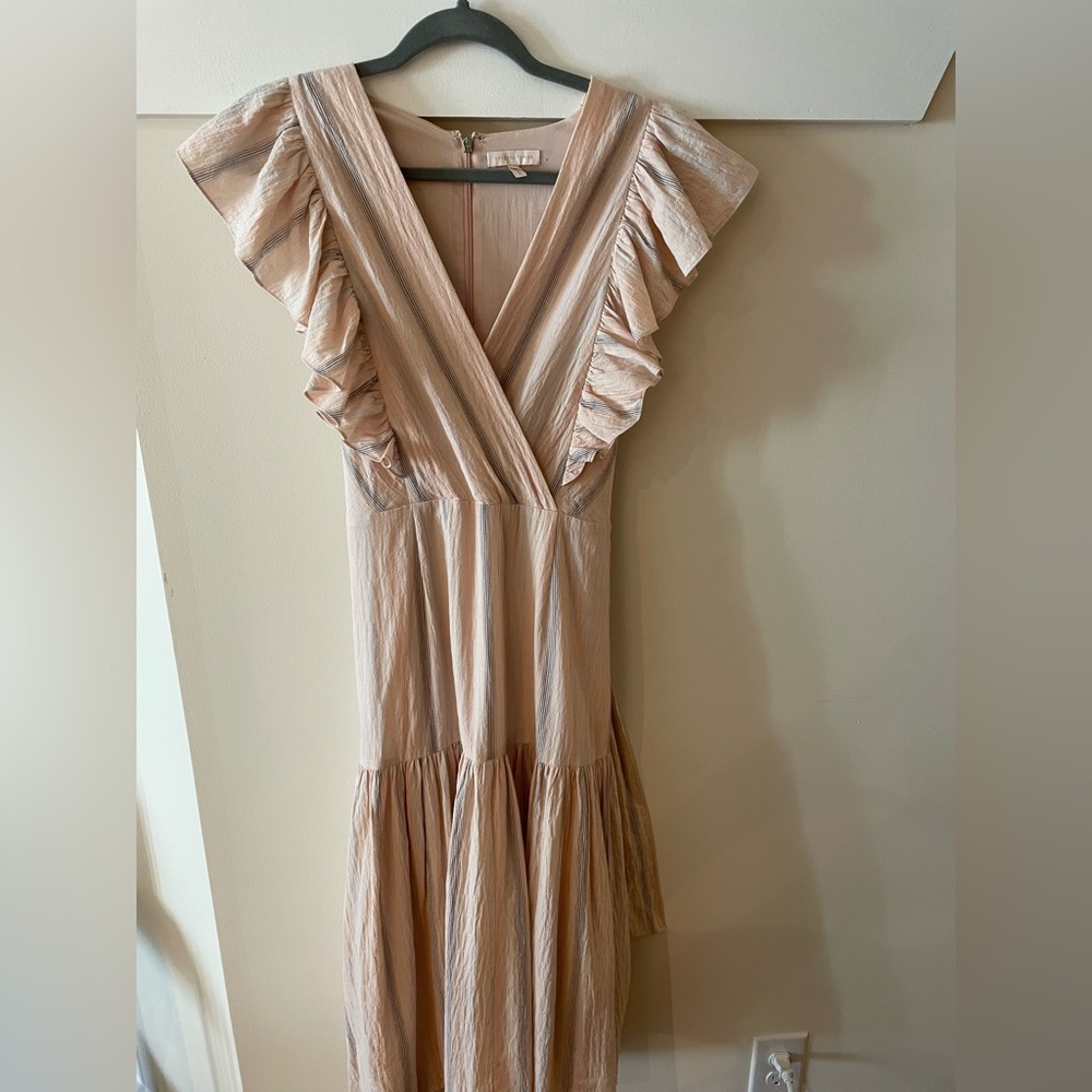Rebecca Taylor Beige Midi Dress with Ruffle Sleeves